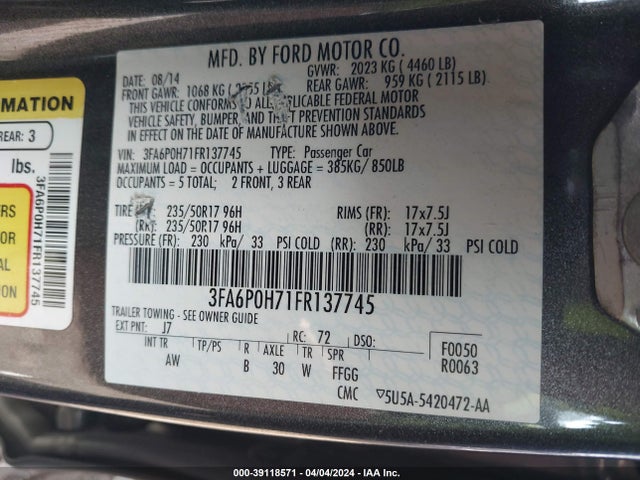 Ford FUSION SE 2015 3FA6P0H71FR137745 Image 9