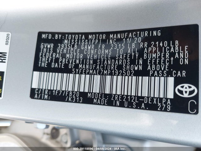 Toyota COROLLA LE 2021 5YFEPMAE7MP192502 Image 9