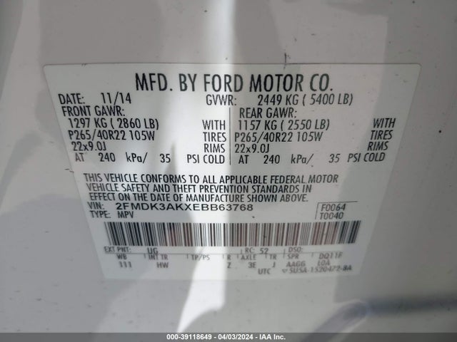 Ford EDGE SPORT 2014 2FMDK3AKXEBB63768 Image 9