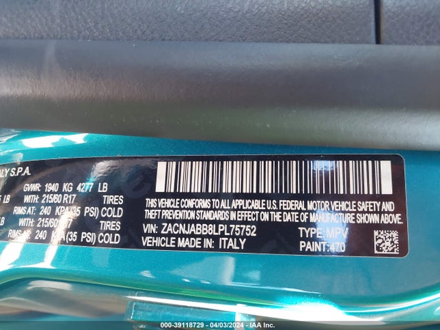 ZACNJABB8LPL75752 Jeep Renegade Altitude Fwd