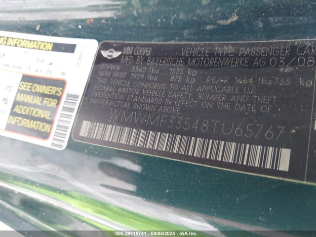 2008 MINI COOPER WMWMF33548TU65767 Photo 8