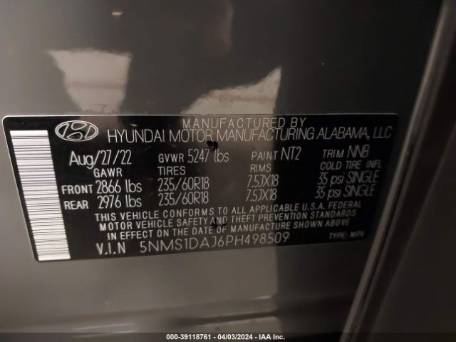 5NMS1DAJ6PH498509 Hyundai Santa Fe Se