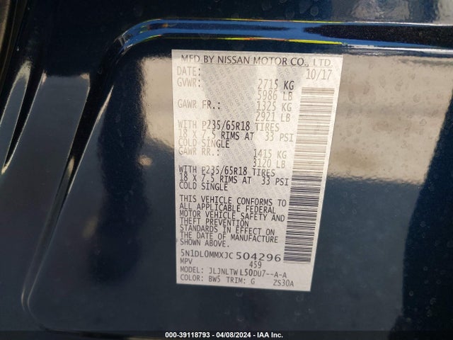 Aukcja sprzedaży 2018 Infiniti Qx60, vin: 5N1DL0MMXJC504296, numer aukcji: 39118793