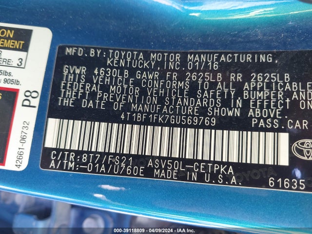 Toyota CAMRY SE 2016 4T1BF1FK7GU569769 Image 9