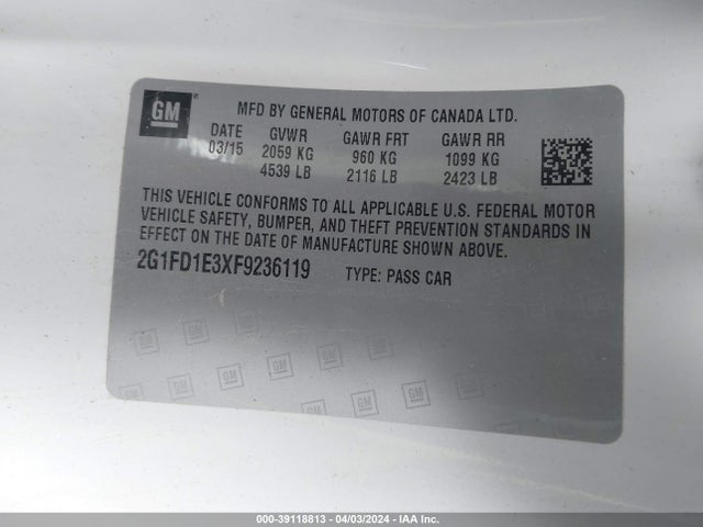 Chevrolet Camaro 1lt 2015 2G1FD1E3XF9236119 Image 9