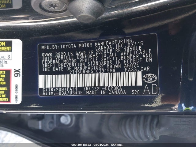 Toyota COROLLA L 2015 2T1BURHE5FC391999 Image 9
