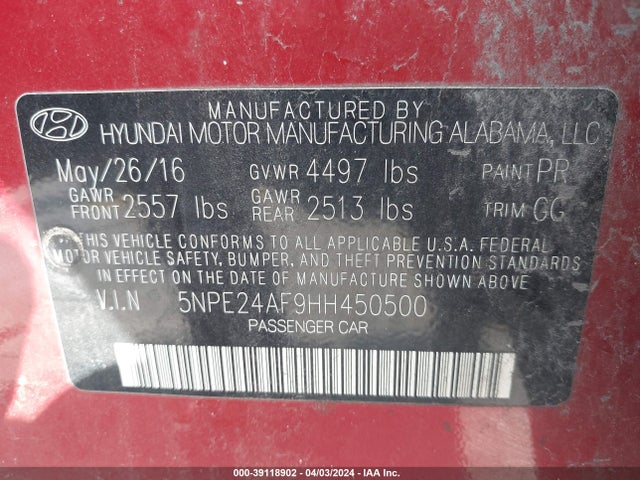 Hyundai Sonata 2017 5NPE24AF9HH450500 Image 9