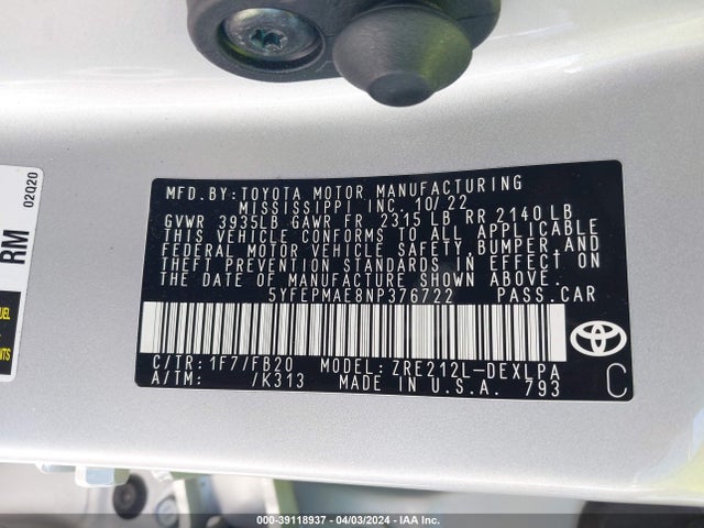Toyota COROLLA LE 2022 5YFEPMAE8NP376722 Image 9