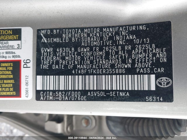 Toyota CAMRY LE 2014 4T4BF1FK0ER355886 Image 9