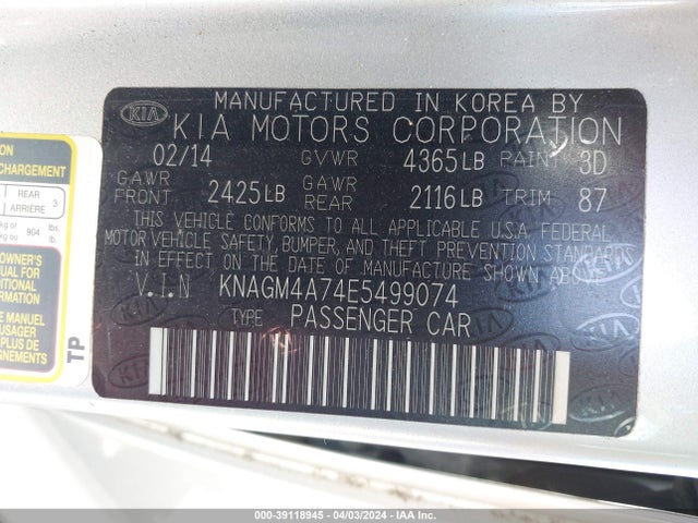 KIA Optima Lx 2014 KNAGM4A74E5499074 Image 9