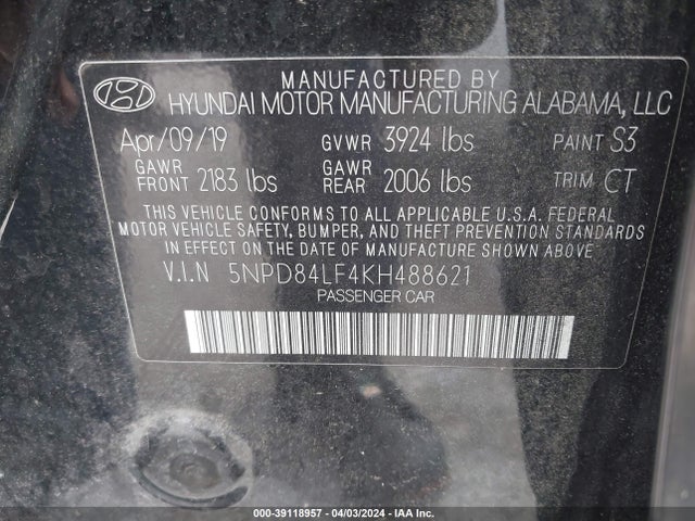 Hyundai ELANTRA SEL 2019 5NPD84LF4KH488621 Image 9