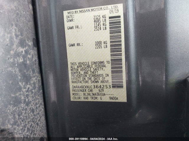 Nissan Maxima Sv Xtronic Cvt 2020 1N4AA6CVXLC364253 Image 9