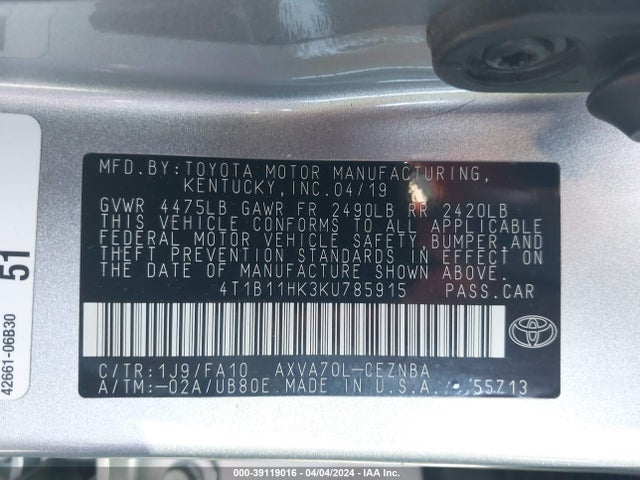 Toyota CAMRY LE 2019 4T1B11HK3KU785915 Image 9