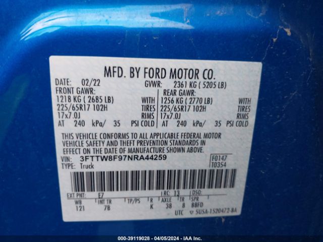 3FTTW8F97NRA44259 Ford Maverick Xlt