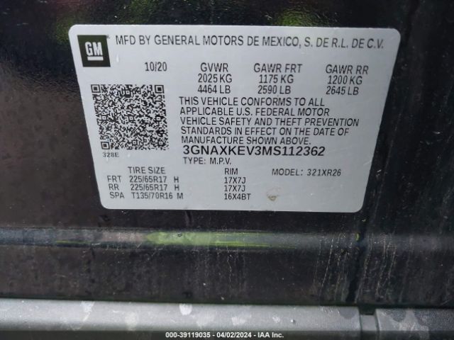 3GNAXKEV3MS112362 Chevrolet Equinox Fwd Lt