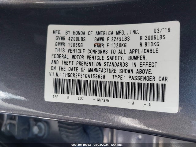 Honda ACCORD LX 2016 1HGCR2F31GA158658 Image 9