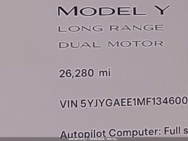 5YJYGAEE1MF134600 Tesla Model Y Long Range Dual Motor All-wheel Drive