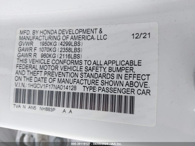 Honda ACCORD LX 2022 1HGCV1F17NA014128 Image 9