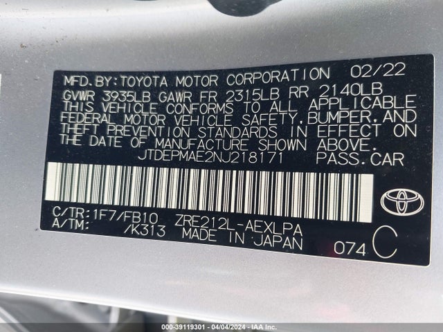 Toyota COROLLA LE 2022 JTDEPMAE2NJ218171 Image 9