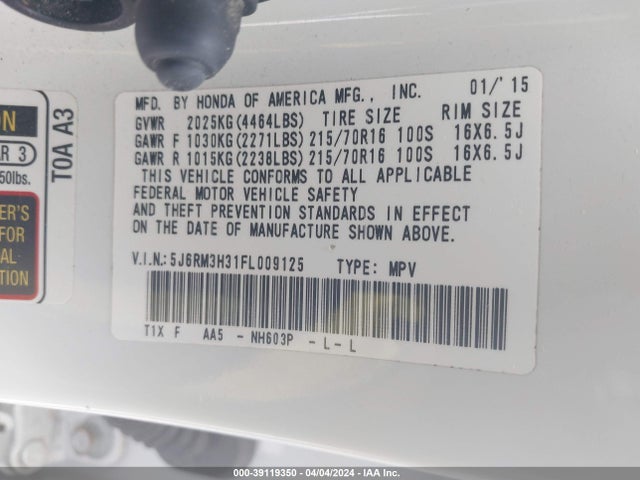 Honda CR-V LX 2015 5J6RM3H31FL009125 Image 9