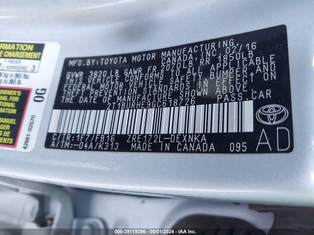 Toyota COROLLA LE 2016 2T1BURHE9GC618726 Image 9