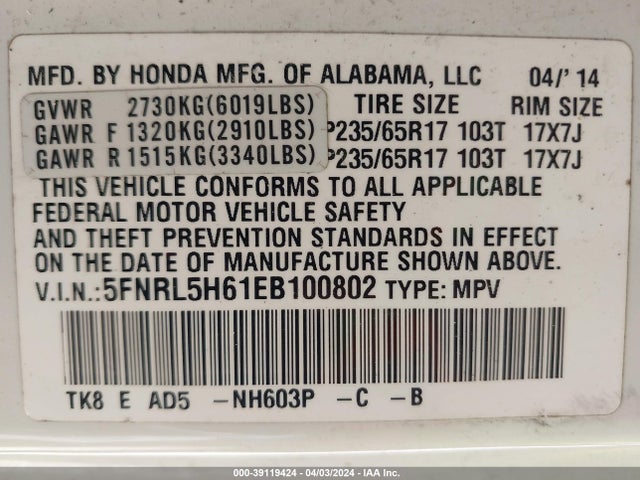 Honda Odyssey Ex-l 2014 5FNRL5H61EB100802 Image 9