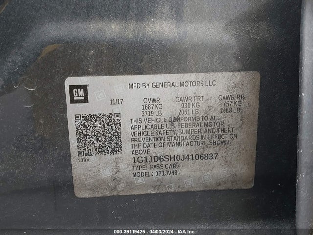 1G1JD6SH0J4106837 Chevrolet Sonic Lt Auto