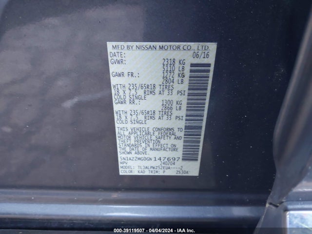 Nissan MURANO S 2016 5N1AZ2MG0GN147697 Image 9