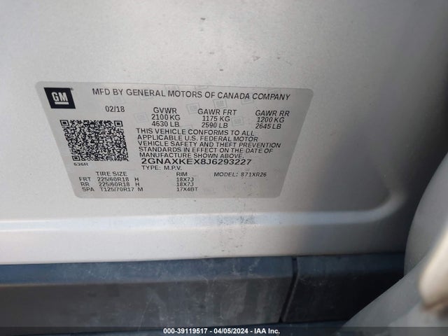 Chevrolet EQUINOX LT 2018 2GNAXKEX8J6293227 Image 9