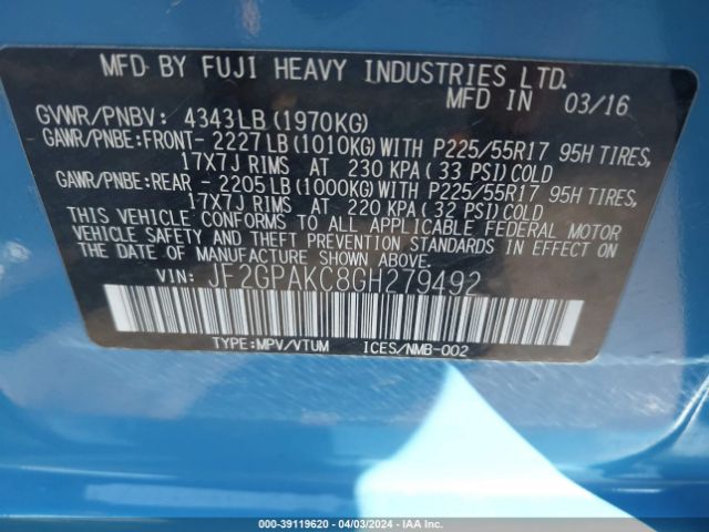 JF2GPAKC8GH279492 Subaru Crosstrek 2.0i Limited