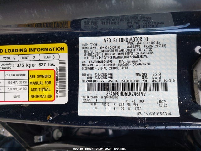 Ford FUSION SE 2020 3FA6P0HD6LR246199 Image 9