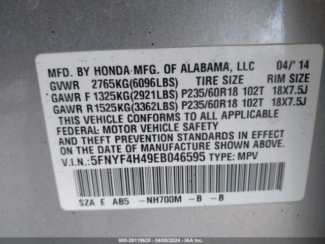 5FNYF4H49EB046595 Honda Pilot Ex