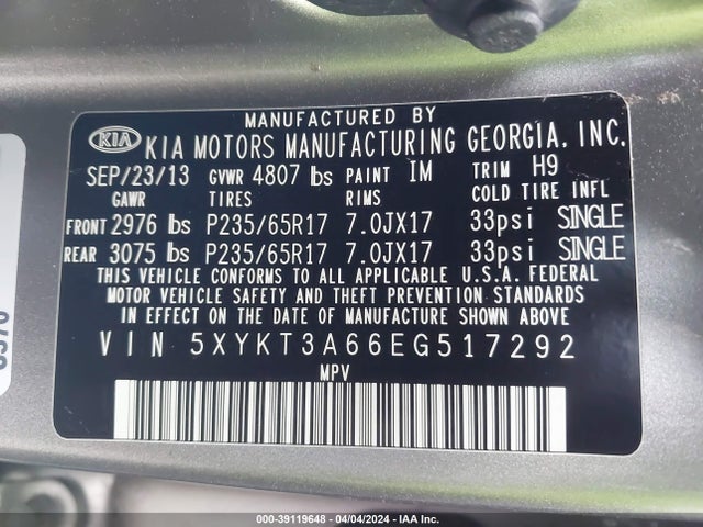 KIA SORENTO LX 2014 5XYKT3A66EG517292 Image 9