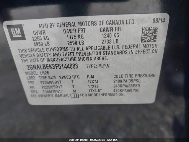Chevrolet EQUINOX 1LT 2015 2GNALBEK3F6144683 Image 9