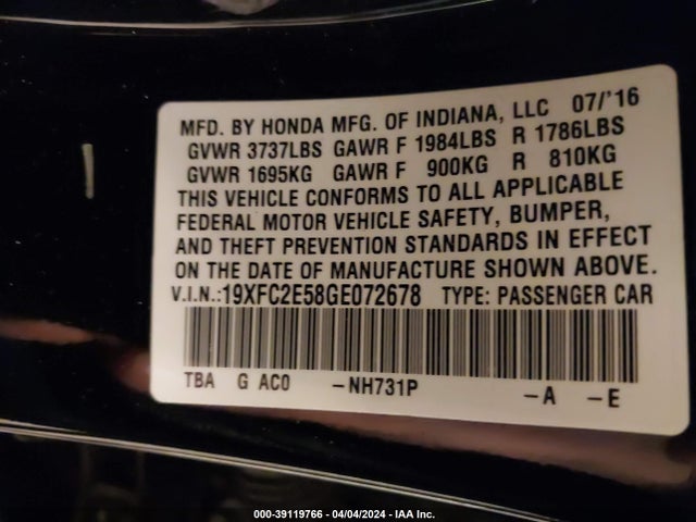 Honda Civic Lx 2016 19XFC2E58GE072678 Image 9