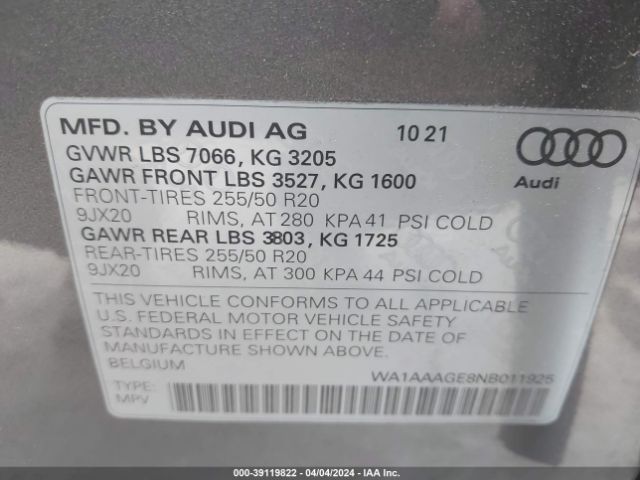 WA1AAAGE8NB011925 Audi E-tron Premium Quattro