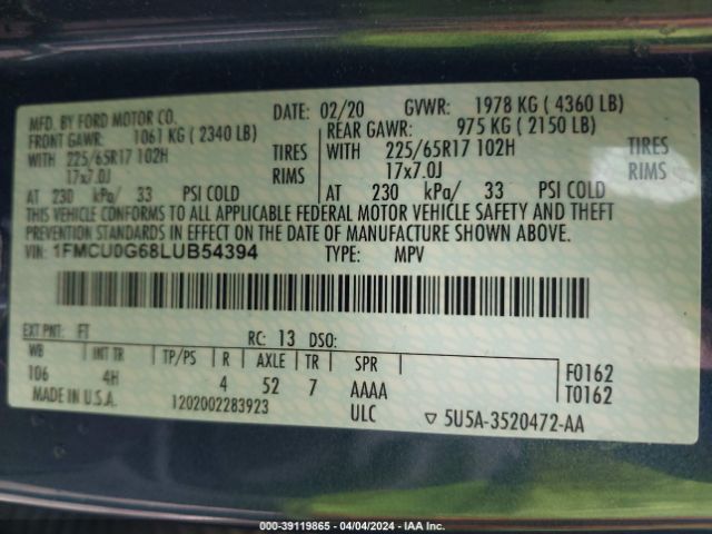 1FMCU0G68LUB54394 Ford ESCAPE SE