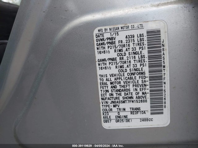 Nissan Rogue Select S 2015 JN8AS5MT7FW152688 Image 9