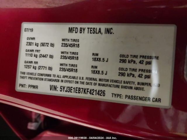 5YJ3E1EB7KF421426 Tesla Model 3 Long Range/performance
