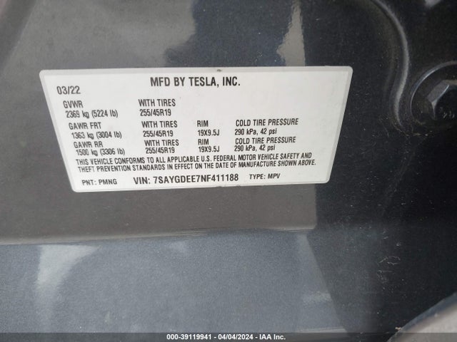 7SAYGDEE7NF411188 Tesla Model Y Long Range Dual Motor All-wheel Drive
