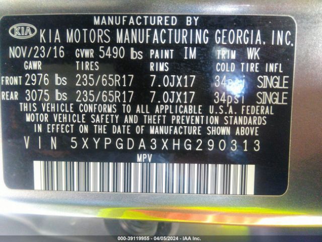 5XYPGDA3XHG290313 KIA Sorento 2.4l Lx