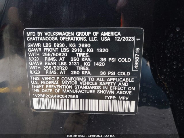 1V2BR2CA4RC547569 Volkswagen Atlas 2.0t Sel