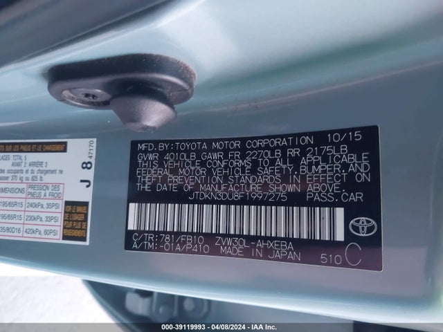 Toyota Prius Three 2015 JTDKN3DU8F1997275 Image 9