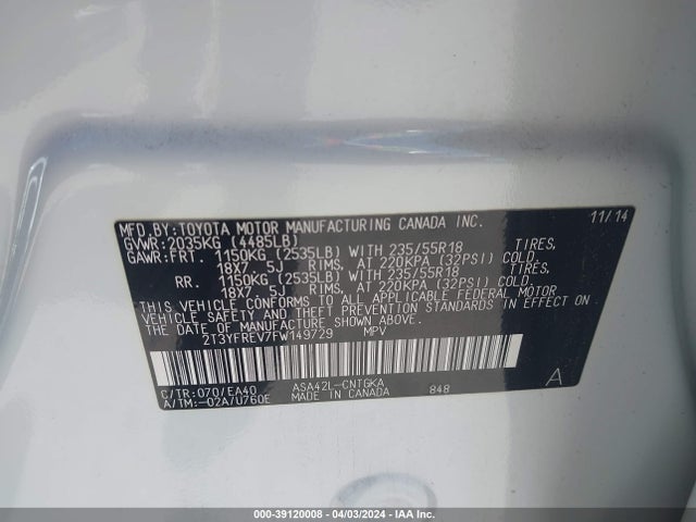 Toyota Rav4 Limited 2015 2T3YFREV7FW149729 Image 9