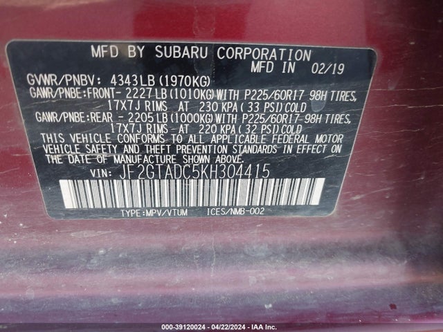 Subaru Crosstrek 2.0i Premium 2019 JF2GTADC5KH304415 Image 9
