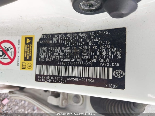 Toyota CAMRY LE 2016 4T4BF1FK9GR581279 Image 9