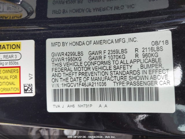 Honda ACCORD EX 2018 1HGCV1F46JA211036 Image 9
