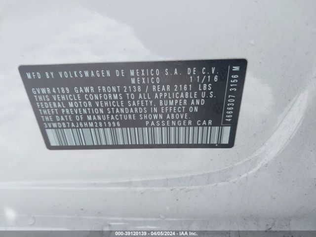 3VWDB7AJ6HM281996 Volkswagen Jetta 1.4t Se