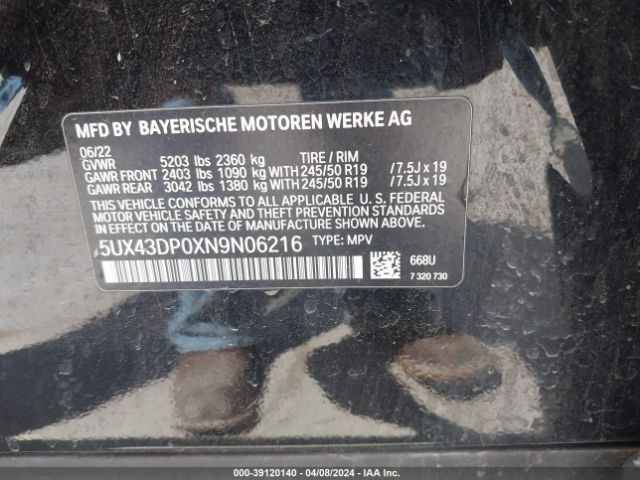 5UX43DP0XN9N06216 BMW X3 Sdrive30i