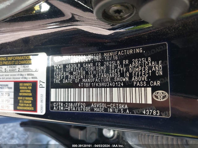 Toyota CAMRY SE 2017 4T1BF1FK9HU340124 Image 9